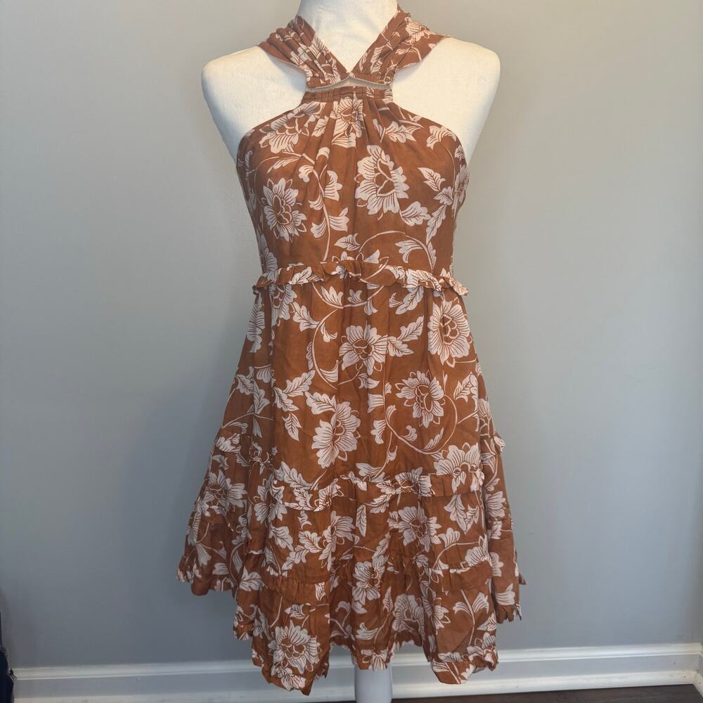 Anthropologie US size 2 neutral brown cream floral tiered halter mini dress